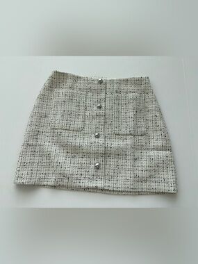 LOFT Tweed Button Front Mini Skirt Ivory Black Size 8 NWT